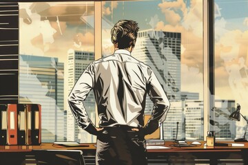 Poster - A man standing in front of a window looking out at a city. Suitable for business or travel concepts
