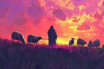 Poster - A man standing among a herd of sheep. Suitable for agriculture and farming concepts