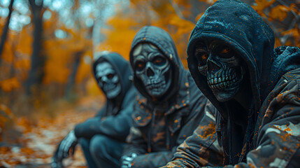 Wall Mural - A group of friends dressed as skeletons for Halloween, posing in a spooky graveyard