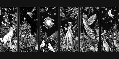 Poster - Black and white illustrations of birds and flowers, suitable for various design projects