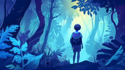 Sticker - young man adventures in the deep forest, vector illustration