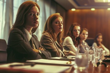 Poster - Group of women sitting at a conference table, suitable for business concepts