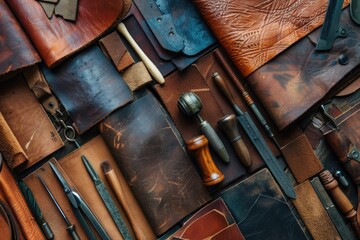 Poster - Various leather tools neatly arranged on a table. Ideal for craft and DIY projects