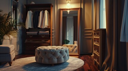 Poster - A cozy living room with a comfortable couch and a stylish mirror. Perfect for interior design concepts