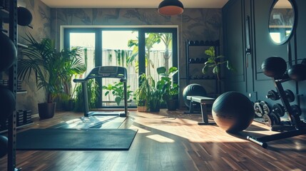 Wall Mural - A gym room with exercise equipment and a window. Suitable for fitness and health-related content