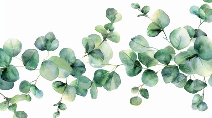 on a white background, a watercolor green floral banner features silver dollar eucalyptus leaves.