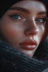 Wall Mural - Close up of a woman wearing a scarf, suitable for fashion and winter concepts