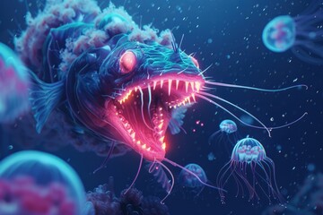 Poster - Group of jellyfish swimming gracefully in the ocean, suitable for marine life concepts