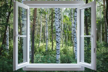 Poster - An open window showing a view of a forest, suitable for nature concepts