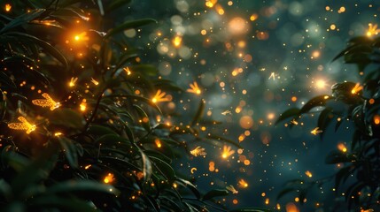 Poster - A group of yellow fireflies flying in the air. Suitable for nature and nighttime themes