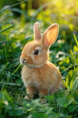 Canvas Print - A small orange rabbit sitting in the grass. Suitable for various nature-themed designs