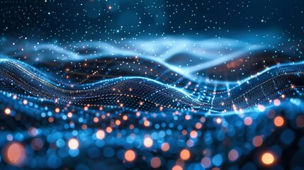 Poster - Digital wave background concept. Beautiful motion waving dots texture with glowing particles. Cyber or technology background.