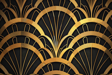 Wall Mural - Vector abstract art deco luxury pattern, golden vintage artistic background with geometric shapes, archs and swirls Linear retro ornament, gatsby card 