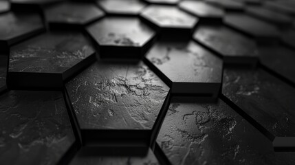 Poster - The hexagonal background texture has a dark grey color with a black outline, the image is 3D rendered with a dark grey outline