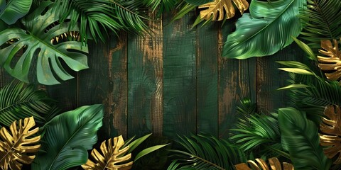 elegant abstract organic green wood and gold tropical palm leaf background