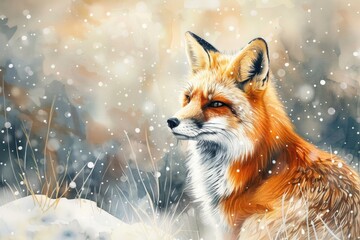 Wall Mural - A beautiful painting of a fox in the snow. Perfect for winter-themed designs