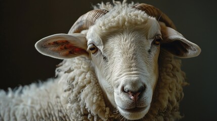 Poster - Close up of a sheep's face with a dark background, suitable for various projects