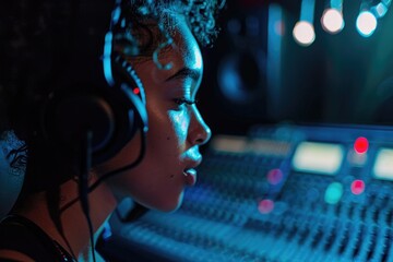 Poster - A woman wearing headphones in front of a mixing desk. Ideal for music production concepts