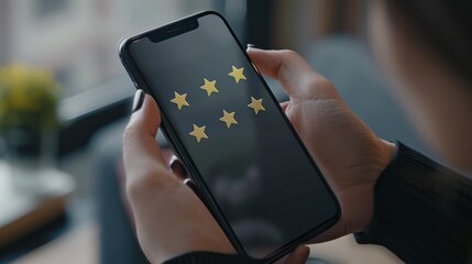 Poster - A hand holds a phone with a review rating. There is a good rating and a bad rating with the text.