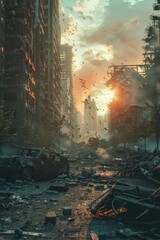 Poster - Scene of a city in ruins, suitable for post-apocalyptic themes