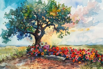 Poster - Beautiful watercolor painting of a tree and flowers, perfect for nature-themed designs