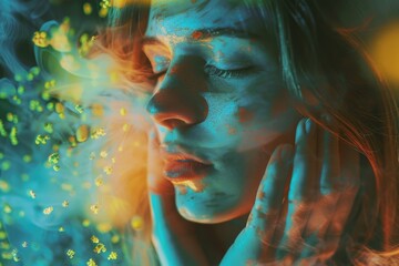 Poster - A woman with blue paint on her face. Suitable for beauty and creative makeup concepts