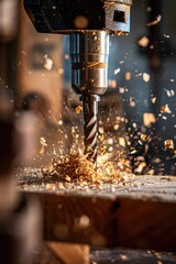 Poster - A drill cutting a piece of wood, suitable for construction projects