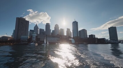 Poster - A scenic view of a city skyline from a boat on the water. Suitable for travel and tourism concepts