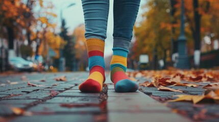 Poster - A person wearing colorful socks and blue jeans. Suitable for fashion or casual lifestyle concepts