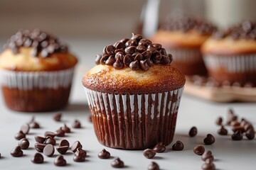 Wall Mural - A delicious cupcake with colorful sprinkle placed on a gray floor white messy icing sugar and chocolate chip isolated on blurred background of a studio.