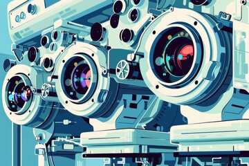 Poster - A bunch of cameras stacked on top of each other. Ideal for photography and technology concepts
