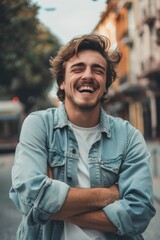 Poster - A smiling man with his arms crossed on the street. Suitable for business and lifestyle concepts
