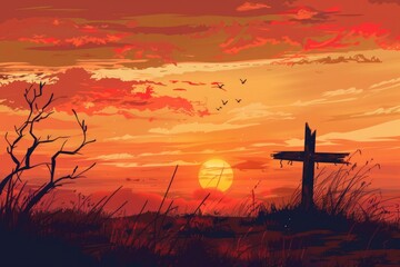 Poster - A cross standing on a hill with a beautiful sunset background. Suitable for religious themes or spiritual concepts