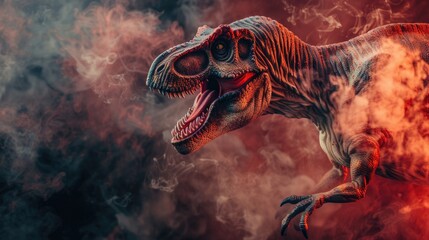 Poster - A fierce T-Rex dinosaur roaring with smoke coming out of its mouth. Suitable for dinosaur-themed designs