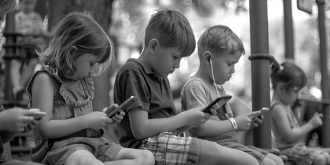 Poster - Group of children sitting on bench using cell phones. Perfect for illustrating technology addiction