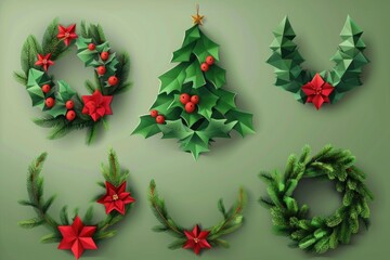 Poster - Festive Christmas wreaths and decorations on a vibrant green backdrop. Perfect for holiday season designs