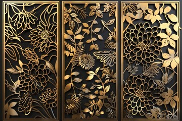 Poster - Elegant decorative screen with gold flowers and leaves. Perfect for adding a touch of luxury to any space