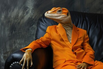 Poster - A lizard wearing an orange suit sitting in a chair. Ideal for business or office concepts