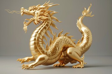 Poster - A majestic golden dragon statue on a neutral gray background. Ideal for fantasy-themed designs