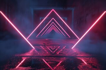 Poster - A vibrant red neon triangle glowing in a dark room. Perfect for abstract backgrounds