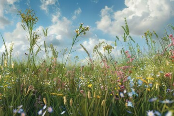 Wall Mural - Beautiful field of wildflowers under a clear blue sky. Perfect for nature and outdoor themed designs