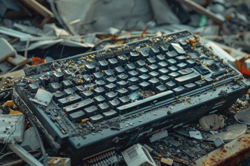 Poster - A computer keyboard on a pile of rubble. Suitable for technology or disaster concept