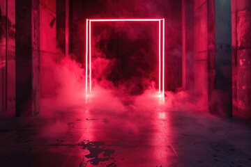 Poster - A red neon frame glowing in a dark room, suitable for graphic design projects