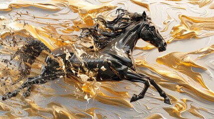 Wall Mural - A modern painting features abstract elements with metal elements, textured backgrounds, horses, animals, etc.