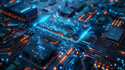 An abstract, futuristic, circuit-based computer with a server for cloud computing, cybersecurity, or fast connection. IT, innovation, and technology abstracts with a motherboard for speed online.