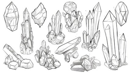 The esoteric outline of crystals and stones is drawn in black on a white background