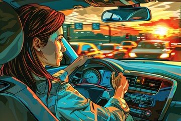 Poster - A woman driving a car on a busy city street. Suitable for transportation concepts
