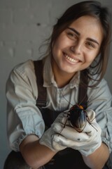 Wall Mural - Woman in white shirt and gloves holding a bug. Suitable for science or nature themes