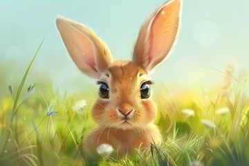 A cute rabbit sitting in a lush green field. Perfect for nature and animal themes