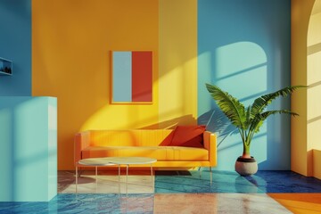 Poster - A cozy living room with a yellow couch and a potted plant. Suitable for home decor websites